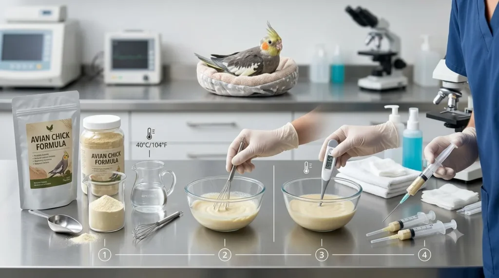 Preparo da papinha em 4 passos: medir os ingredientes, misturar até ficar homogênea, conferir a temperatura (por volta de 40°C) e transferir para a seringa cuidado essencial antes de alimentar o filhote.