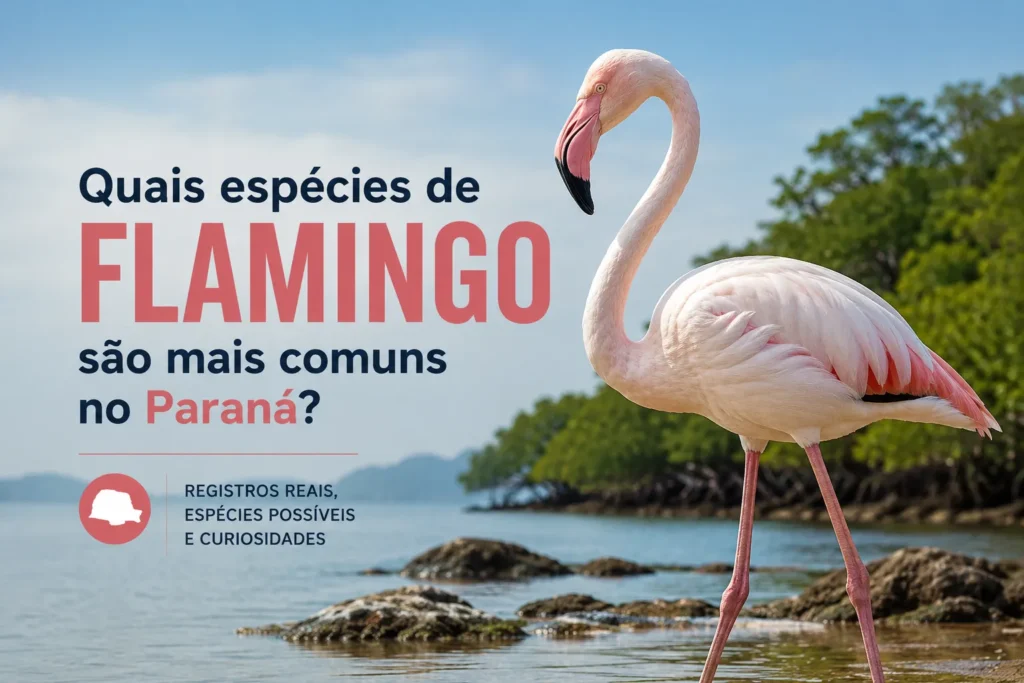 Flamingo-chileno (Phoenicopterus chilensis) em área estuarina semelhante ao litoral do Paraná, ilustrando a espécie de flamingo com registros mais comuns no estado.