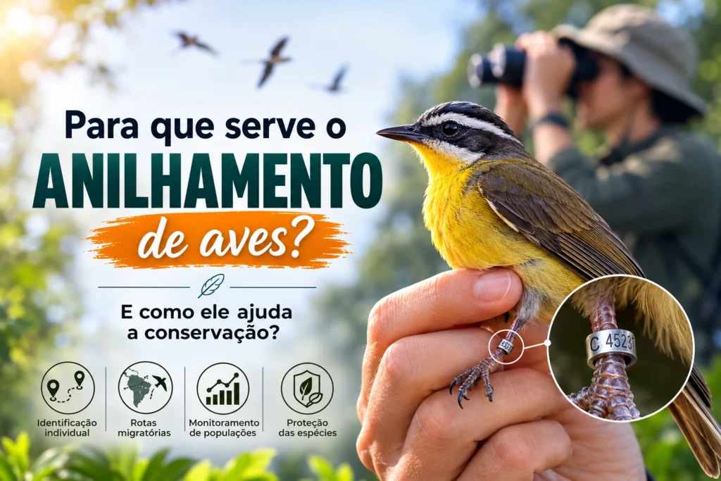 Anilhamento de aves para identificação individual, estudo das rotas migratórias, monitoramento de populações e conservação de espécies.