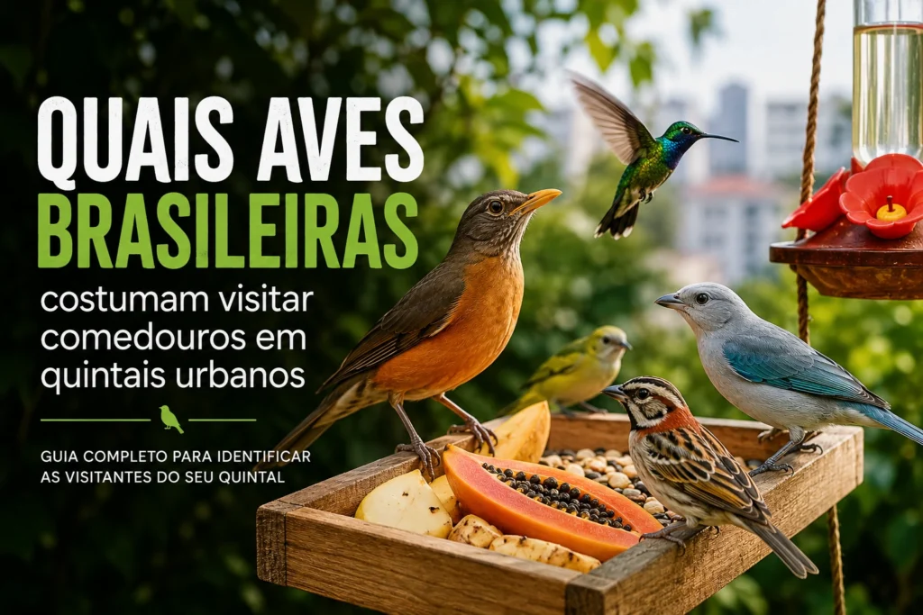 Aves brasileiras visitando comedouro em quintal urbano, incluindo sabiá-laranjeira, sanhaço, pardal e beija-flor.