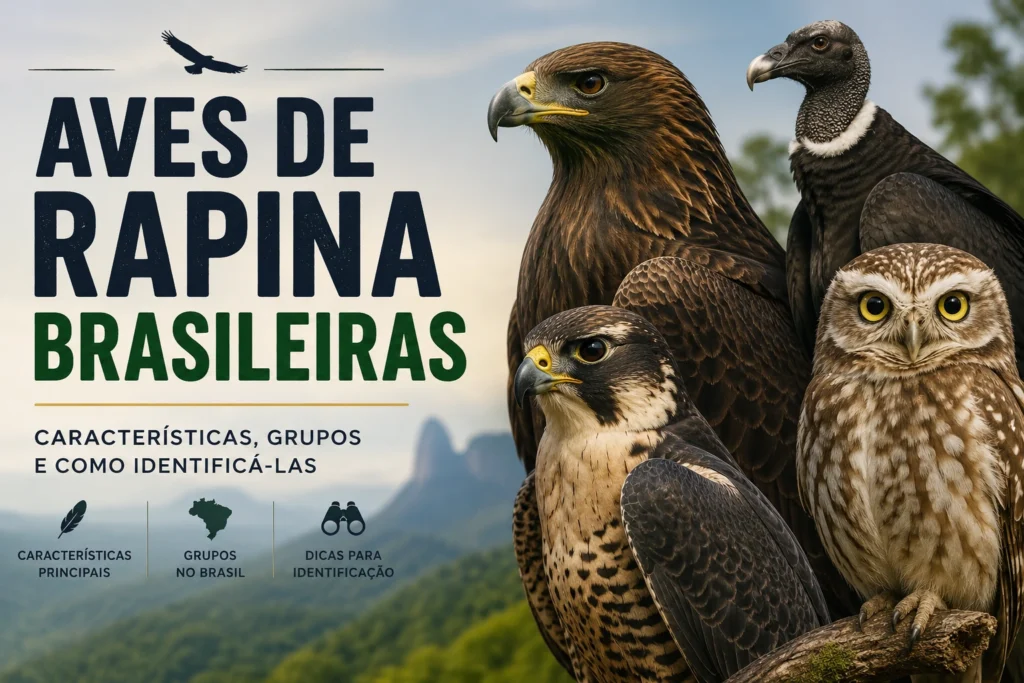 Arte de capa sobre aves de rapina brasileiras, com uma águia, um falcão, um urubu e uma coruja em destaque sobre uma paisagem de floresta e montanhas. O título “Aves de Rapina Brasileiras” aparece em destaque, acompanhado da indicação de características, grupos e dicas de identificação.