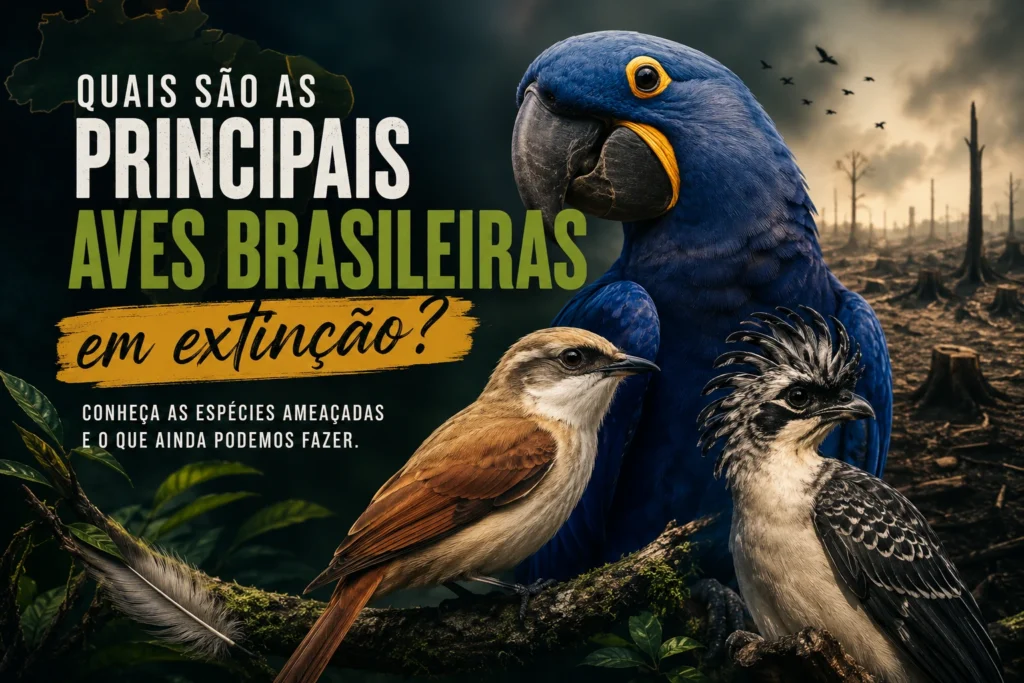 Aves brasileiras ameaçadas de extinção em meio à floresta e a uma área desmatada, representando os riscos de perda de habitat e a importância da conservação da biodiversidade no Brasil.
