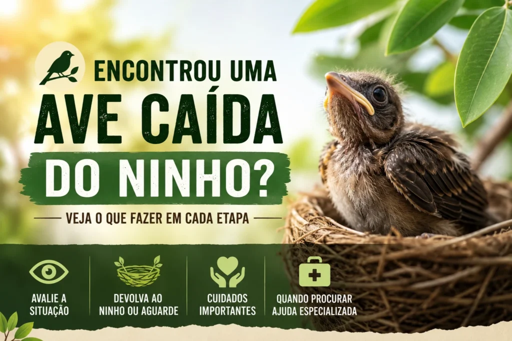 Filhote de ave em um ninho com a chamada “Encontrou uma ave caída do ninho? Veja o que fazer em cada etapa”, destacando avaliação da situação, retorno ao ninho, cuidados e busca por ajuda especializada.