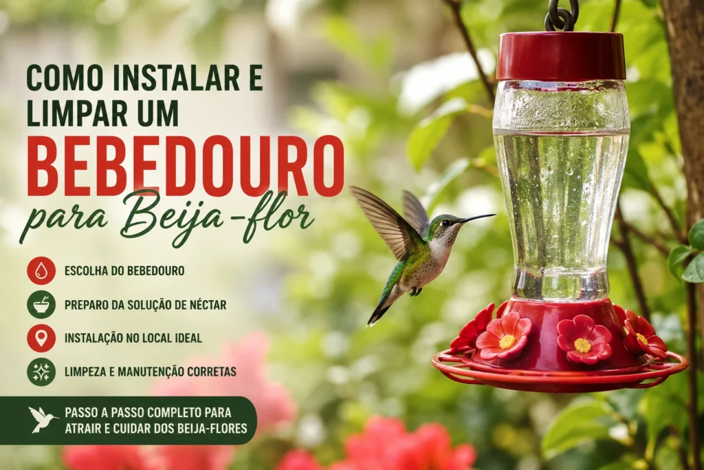 Bebedouro para beija-flor instalado em um jardim, com um beija-flor se aproximando para se alimentar, ilustrando cuidados de instalação, limpeza e manutenção do bebedouro.
