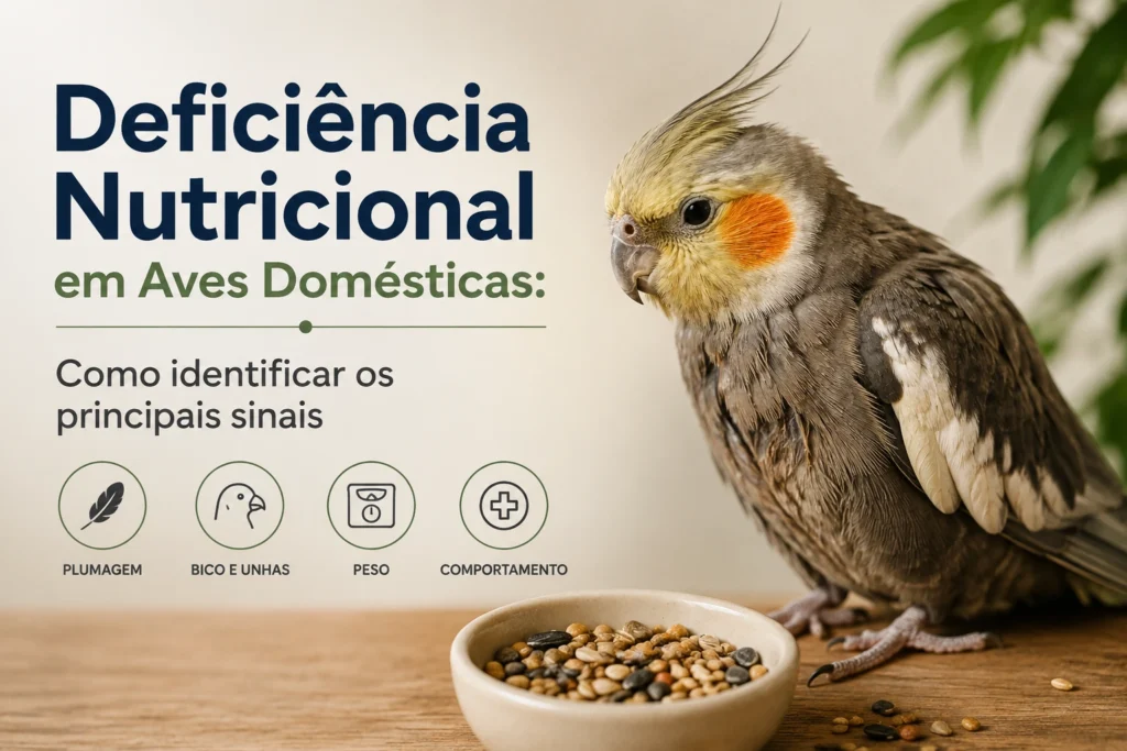 Ilustração de uma calopsita próxima a um comedouro, destacando sinais de deficiência nutricional em aves domésticas, como alterações na plumagem, bico, unhas, peso e comportamento.
