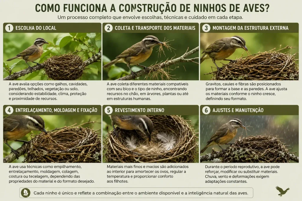 Infográfico sobre como funciona a construção de ninhos de aves, mostrando seis etapas: escolha do local, coleta e transporte de materiais, montagem da estrutura externa, entrelaçamento e fixação, revestimento interno e ajustes e manutenção.
