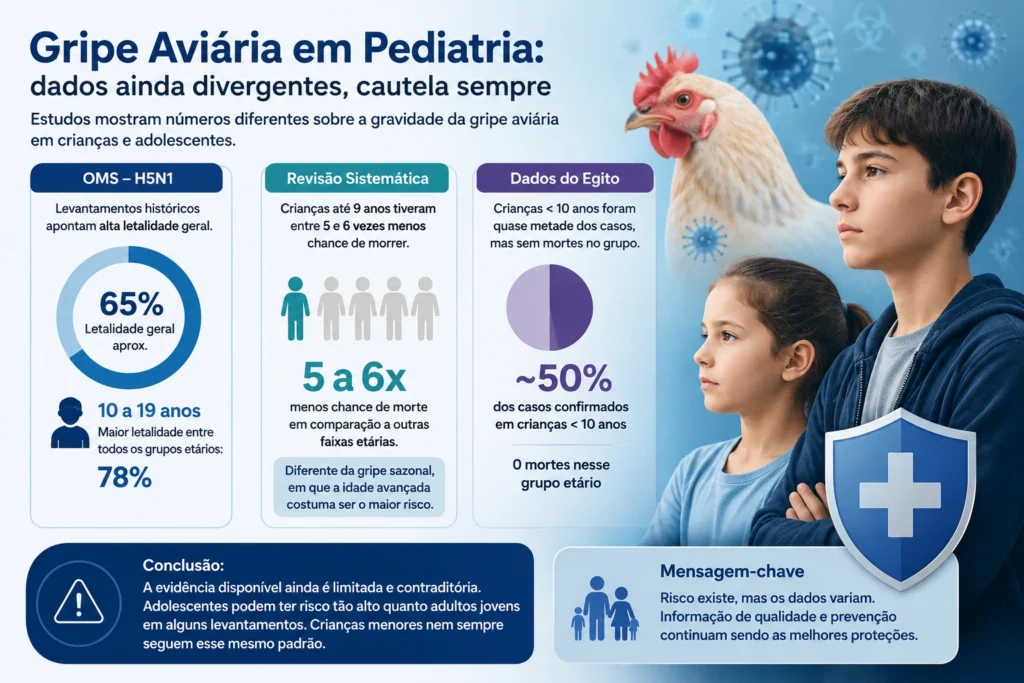 Infográfico sobre a gravidade da gripe aviária em crianças e adolescentes, comparando dados de letalidade do H5N1, revisão sistemática e casos registrados no Egito, com destaque para a divergência entre os estudos.