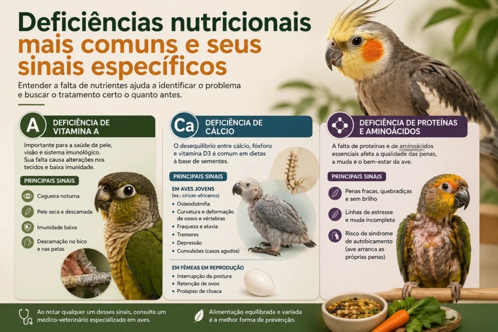 Infográfico sobre deficiências nutricionais em aves, destacando a falta de vitamina A, cálcio e proteínas ou aminoácidos e seus principais sinais, como alterações na pele, penas, ossos, comportamento e saúde geral.