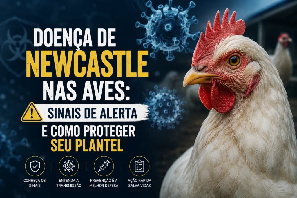 Capa sobre doença de Newcastle nas aves, com galinha em destaque e elementos que representam sintomas, transmissão, vacinação e prevenção da doença.