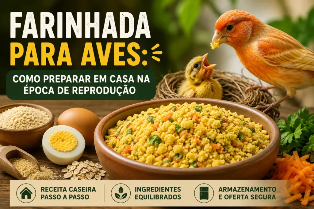 Farinhada para aves caseira em uma tigela, com ovo, cereais, vegetais e aves ao fundo durante a época de reprodução.