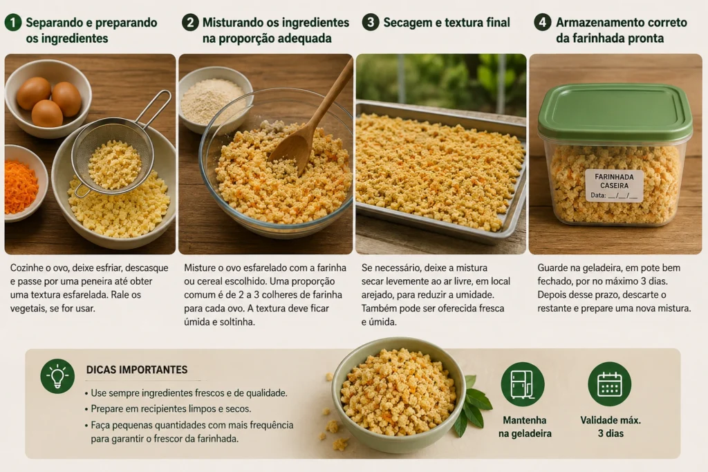 Infográfico com quatro etapas para preparar farinhada caseira para aves, mostrando o preparo do ovo e dos ingredientes, a mistura com farinha ou cereal, a secagem da farinhada e o armazenamento em pote fechado na geladeira por até três dias.