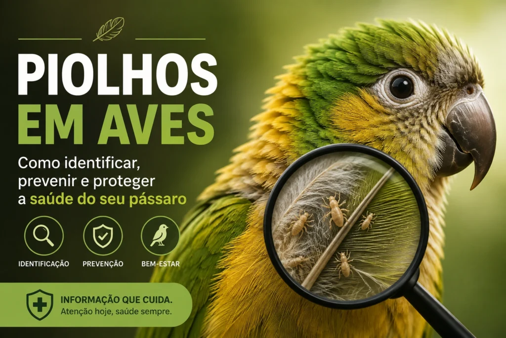 Ilustração de uma ave verde e amarela com uma lupa destacando pequenos piolhos entre suas penas, acompanhada dos termos identificação, prevenção e bem-estar.