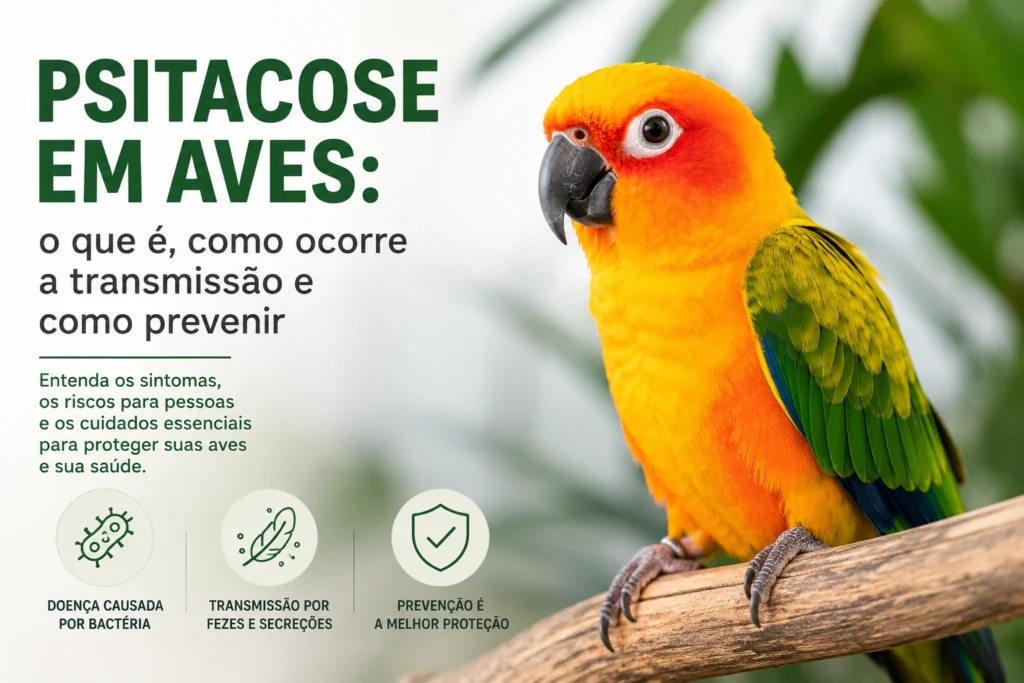 Ave colorida pousada em um galho, ilustrando artigo sobre psitacose em aves, transmissão, sintomas e prevenção.