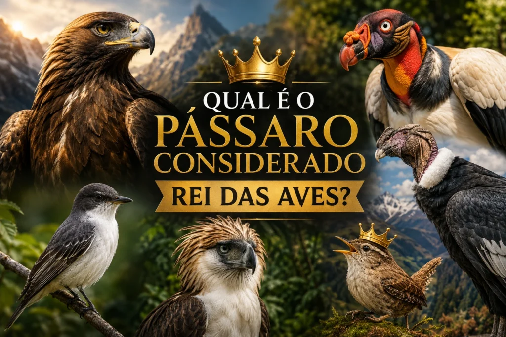 Ilustração em estilo cinematográfico com uma águia-real, um urubu-rei, um condor e outras aves diante de uma paisagem de montanhas e florestas. No centro, uma coroa dourada acompanha o título “Qual é o pássaro considerado rei das aves?