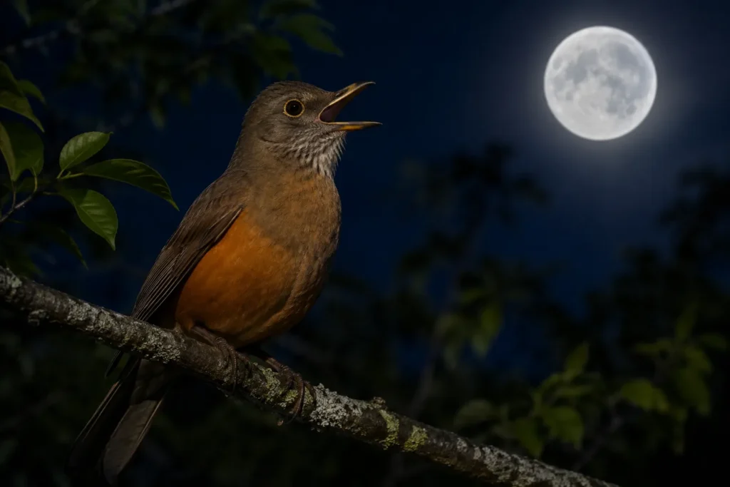 Sabiá-laranjeira cantando durante a madrugada, um comportamento relacionado à comunicação, ao território e à reprodução da espécie.